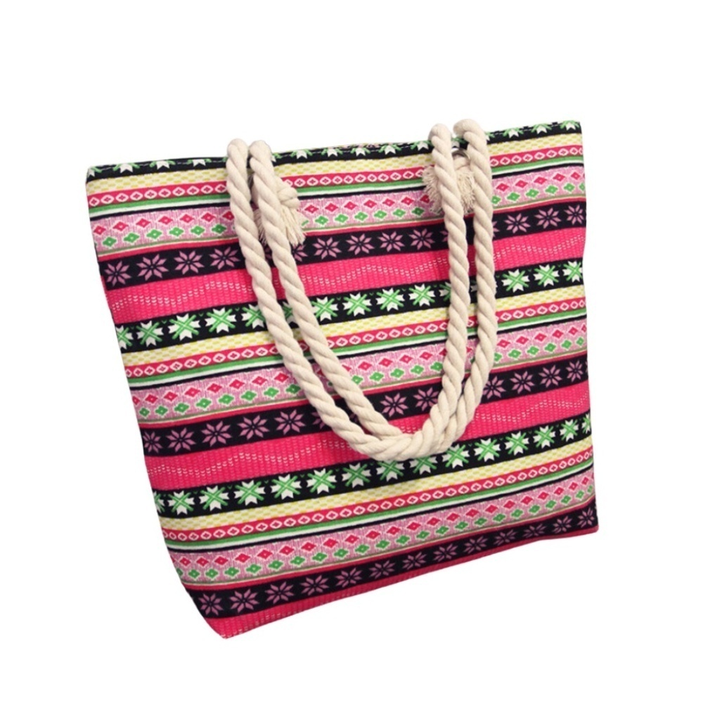 Vibrant Pink Boho Beach Tote with Rope Handles – Tribal Print Summer Bag for Tra